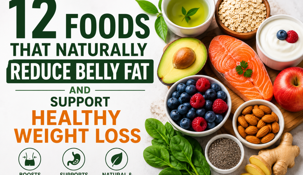 **Alt Text:** 12 foods that naturally reduce belly fat and support healthy weight loss including green tea, oats, salmon, avocado, berries, almonds, yogurt, chia seeds, apples, spinach, and ginger.