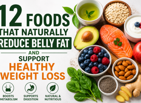**Alt Text:** 12 foods that naturally reduce belly fat and support healthy weight loss including green tea, oats, salmon, avocado, berries, almonds, yogurt, chia seeds, apples, spinach, and ginger.