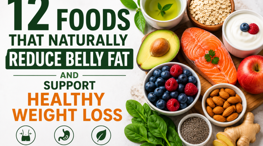 **Alt Text:** 12 foods that naturally reduce belly fat and support healthy weight loss including green tea, oats, salmon, avocado, berries, almonds, yogurt, chia seeds, apples, spinach, and ginger.