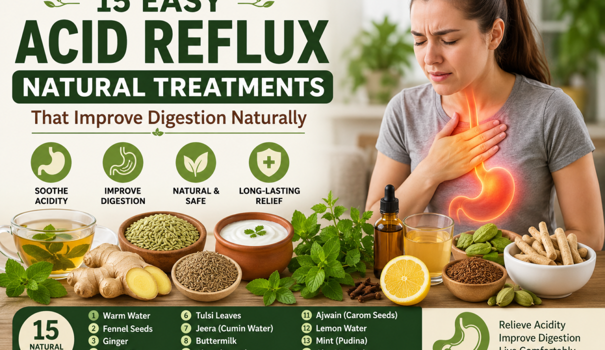 Infographic showing 15 acid reflux natural treatments including ginger, fennel seeds, mint, and buttermilk with a woman experiencing heartburn and highlighting digestive relief remedies