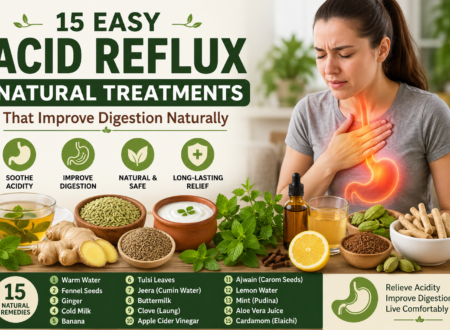 Infographic showing 15 acid reflux natural treatments including ginger, fennel seeds, mint, and buttermilk with a woman experiencing heartburn and highlighting digestive relief remedies