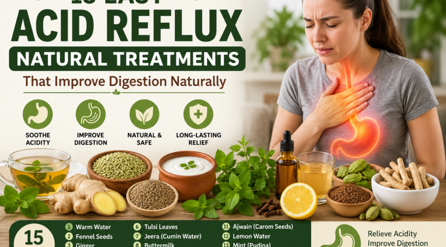 Infographic showing 15 acid reflux natural treatments including ginger, fennel seeds, mint, and buttermilk with a woman experiencing heartburn and highlighting digestive relief remedies