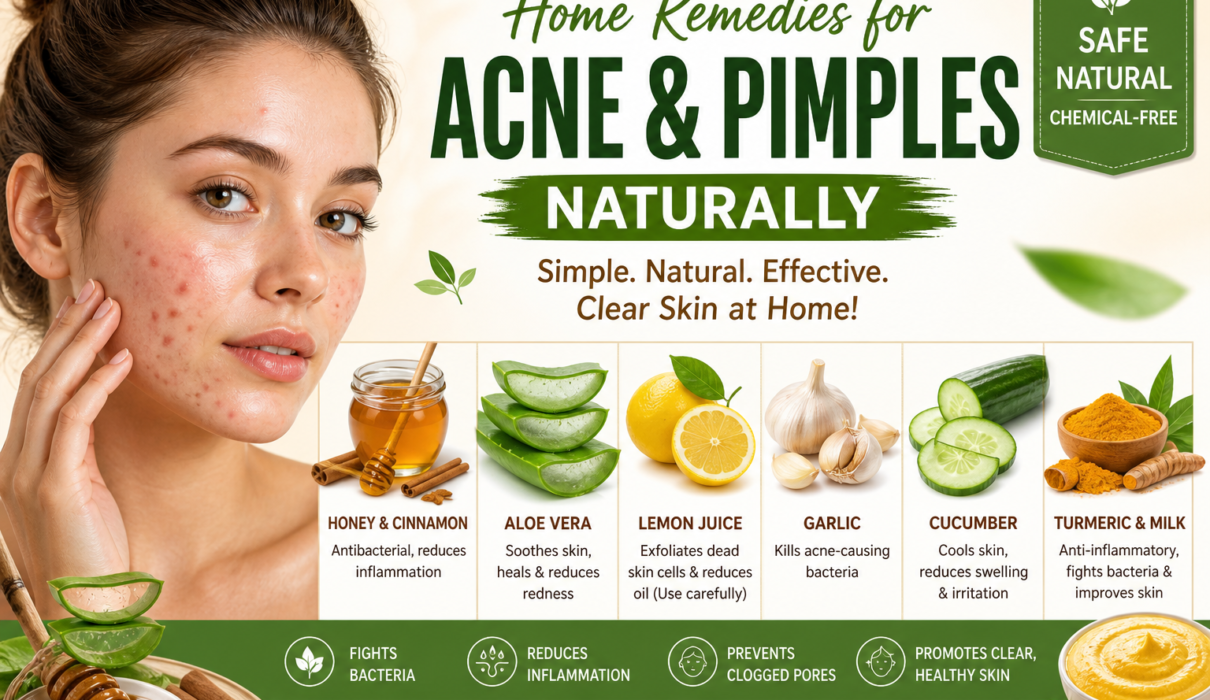Home remedies for acne and pimples naturally featuring aloe vera, honey, turmeric, and cucumber with clear skin concept