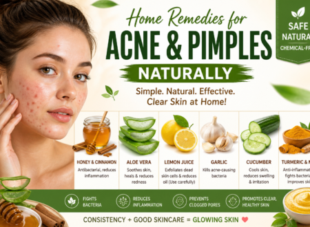 Home remedies for acne and pimples naturally featuring aloe vera, honey, turmeric, and cucumber with clear skin concept