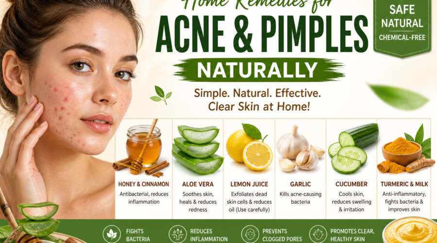 Home remedies for acne and pimples naturally featuring aloe vera, honey, turmeric, and cucumber with clear skin concept