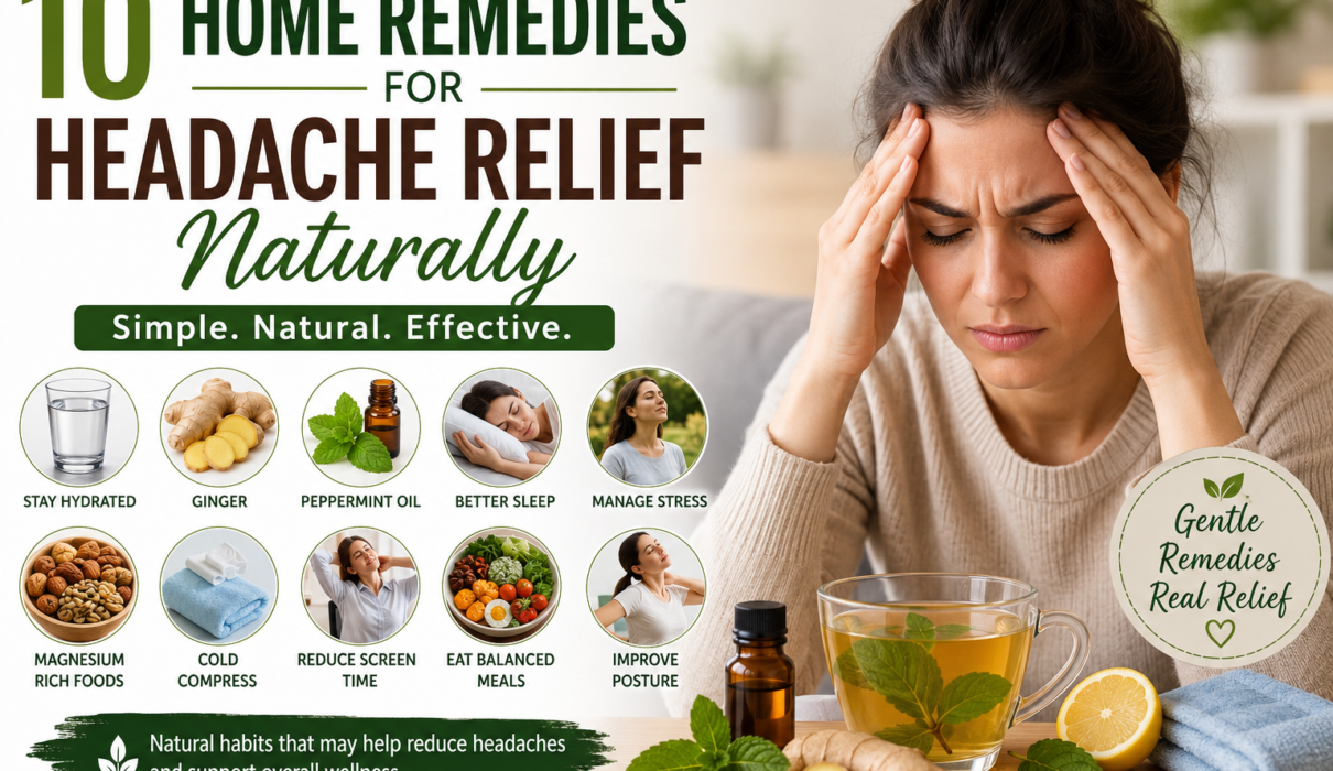 Home remedies for headache relief naturally including hydration sleep stress management and healthy habits