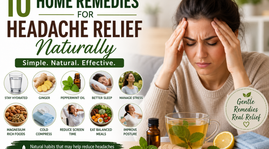 Home remedies for headache relief naturally including hydration sleep stress management and healthy habits