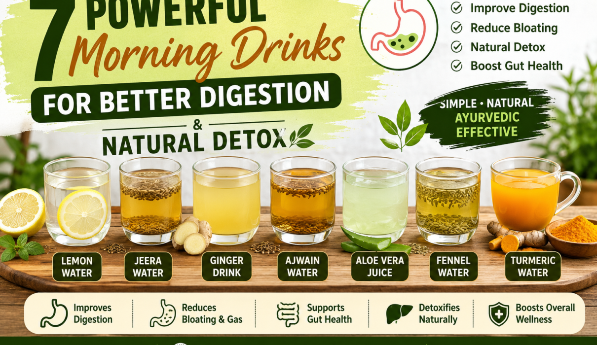 Morning drinks for digestion including lemon water, jeera water, ginger tea, and Ayurvedic detox drinks