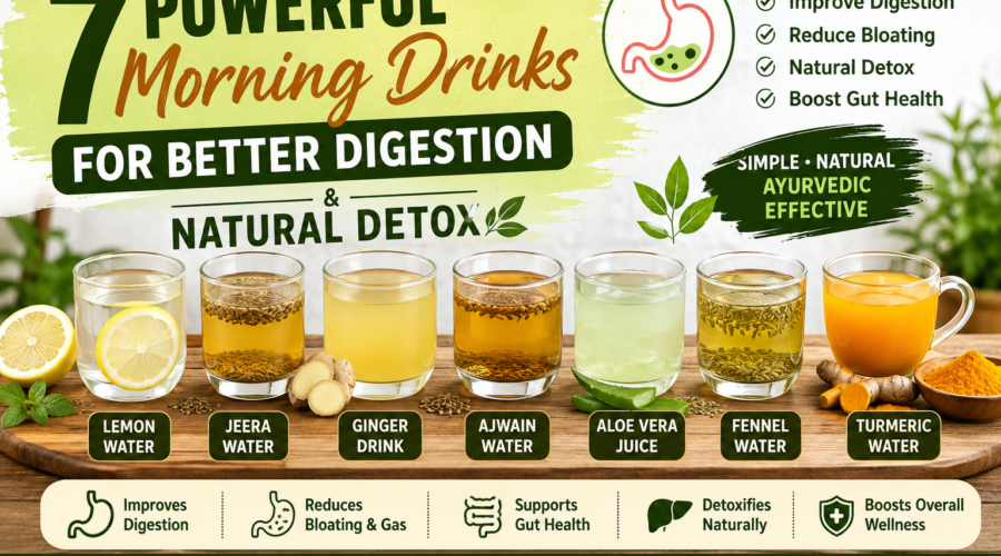 Morning drinks for digestion including lemon water, jeera water, ginger tea, and Ayurvedic detox drinks